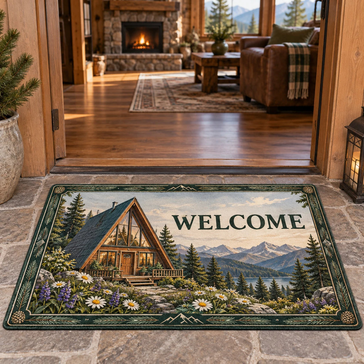 A-frame cabin and alpine wildflowers printed on a doormat in a warm timber room with a stone hearth.