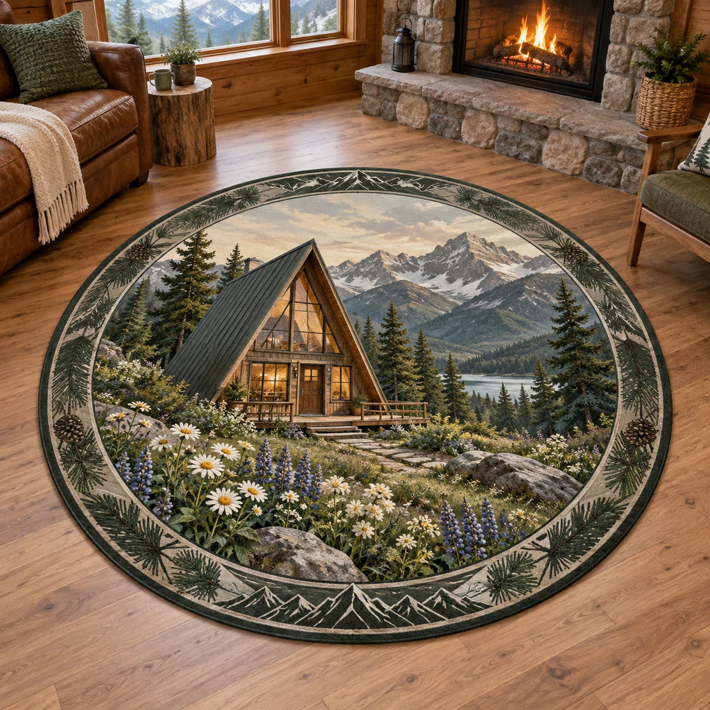 A-frame cabin and alpine wildflowers printed on a round mat rug in a warm timber room with a stone hearth.