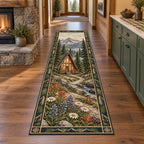 A-frame cabin and alpine wildflowers printed on a runner rug in a warm timber room with a stone hearth.