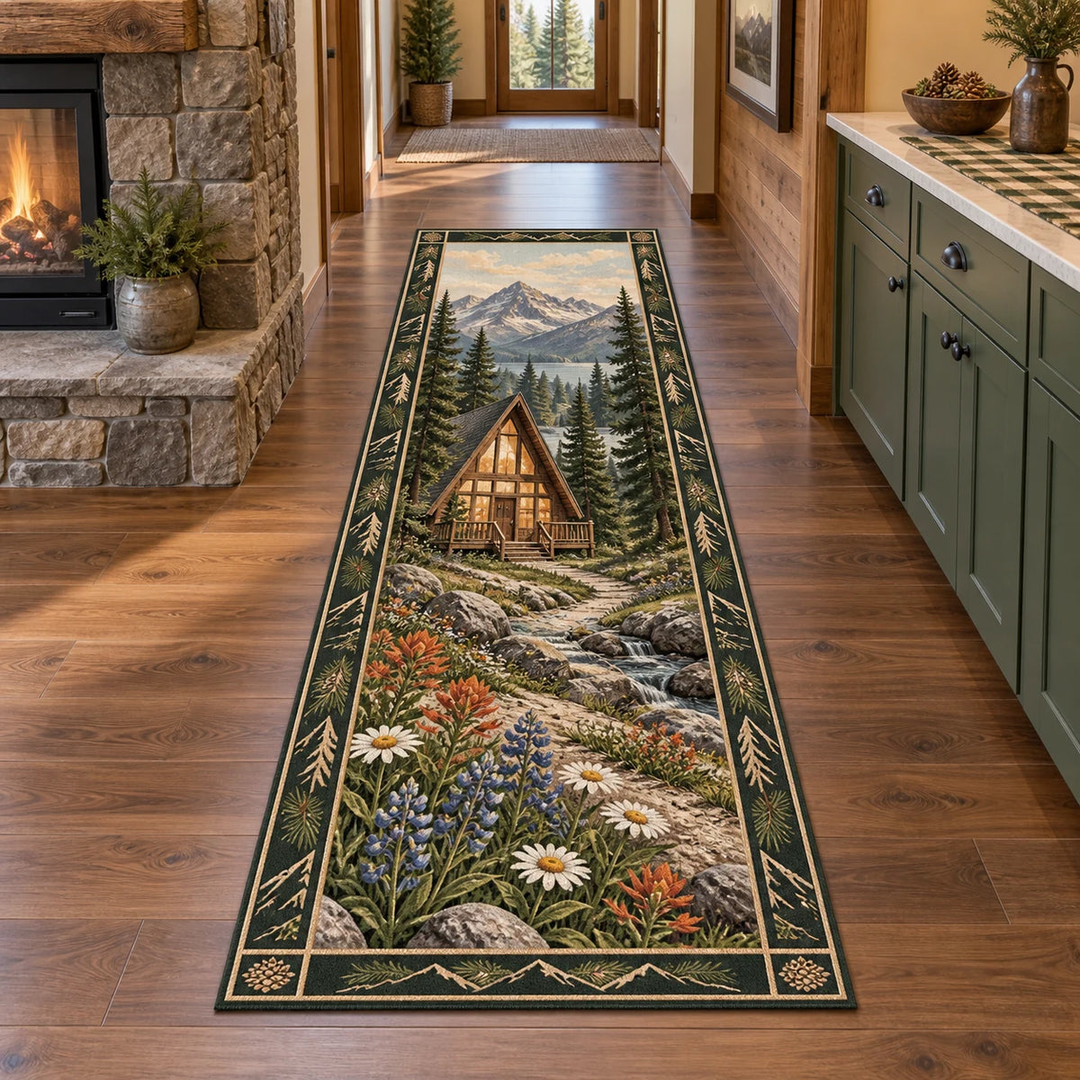A-frame cabin and alpine wildflowers printed on a runner rug in a warm timber room with a stone hearth.