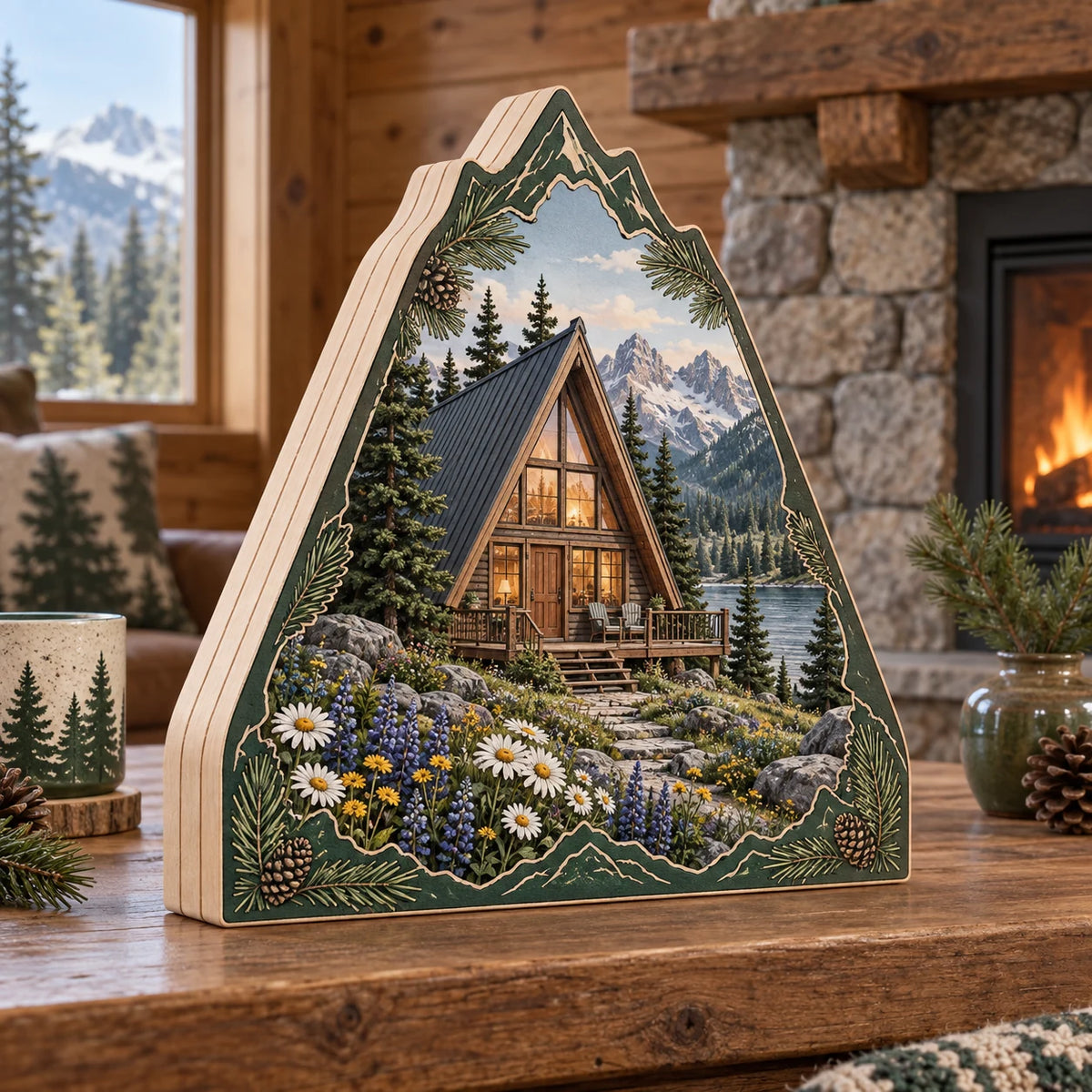 Three-layer mountain-shaped wooden block with an A-frame cabin, alpine wildflowers and printed pine frame.