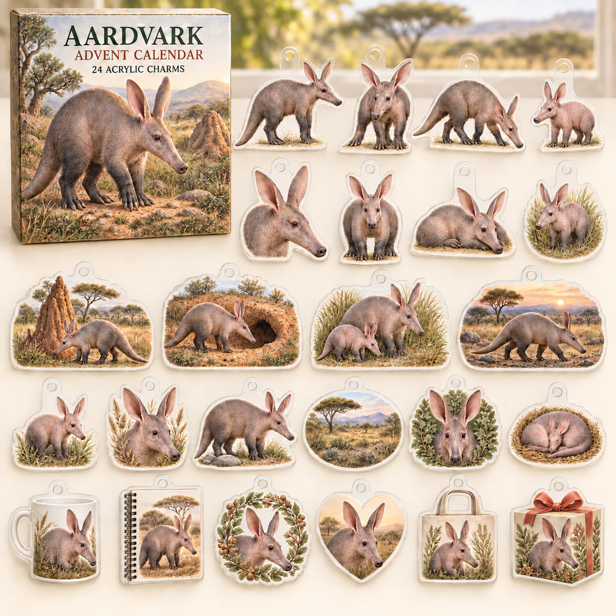 Aardvark advent calendar box with 24 themed flat printed acrylic charms