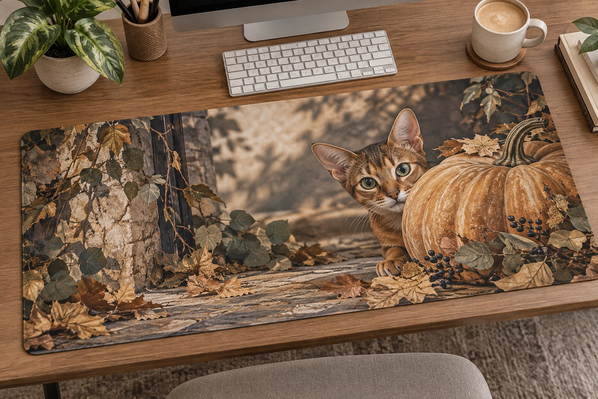 Abyssinian Cat Pumpkin Hideaway Desk Mat with printed dimensional artwork