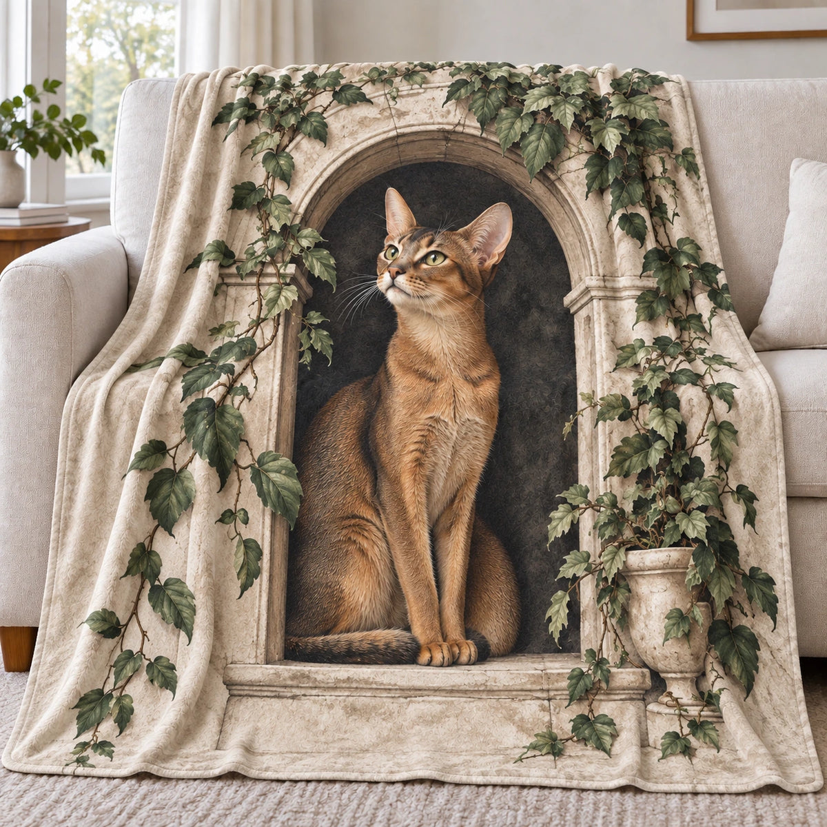 Abyssinian Cat Window Garden Fleece Blanket with printed dimensional artwork