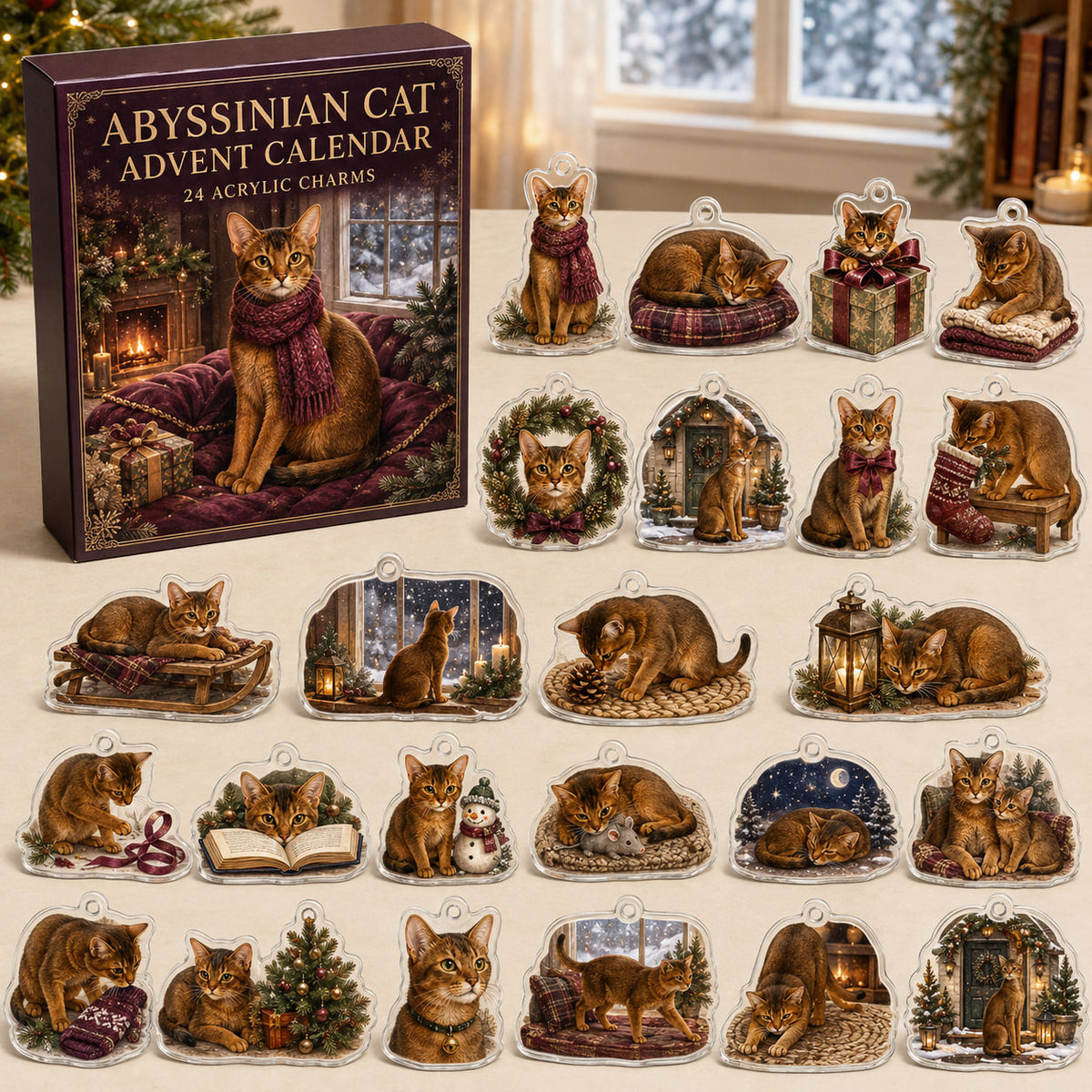 Abyssinian Cat advent calendar box and 24 illustrated acrylic charms displayed on an ivory tabletop in a winter setting