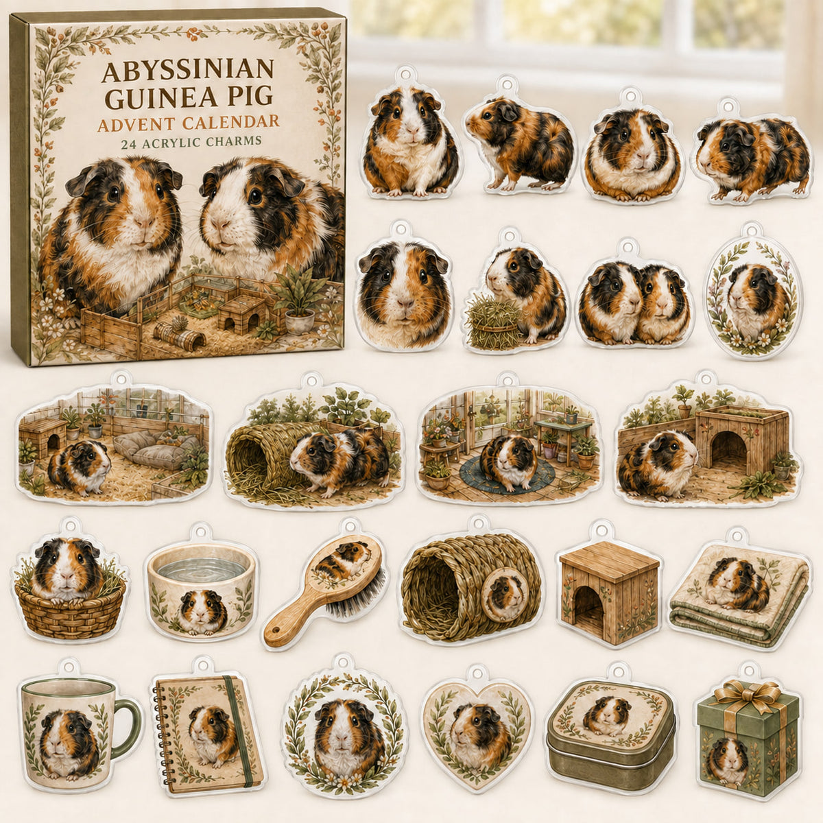 Abyssinian Guinea Pig advent calendar box with 24 themed printed acrylic charms