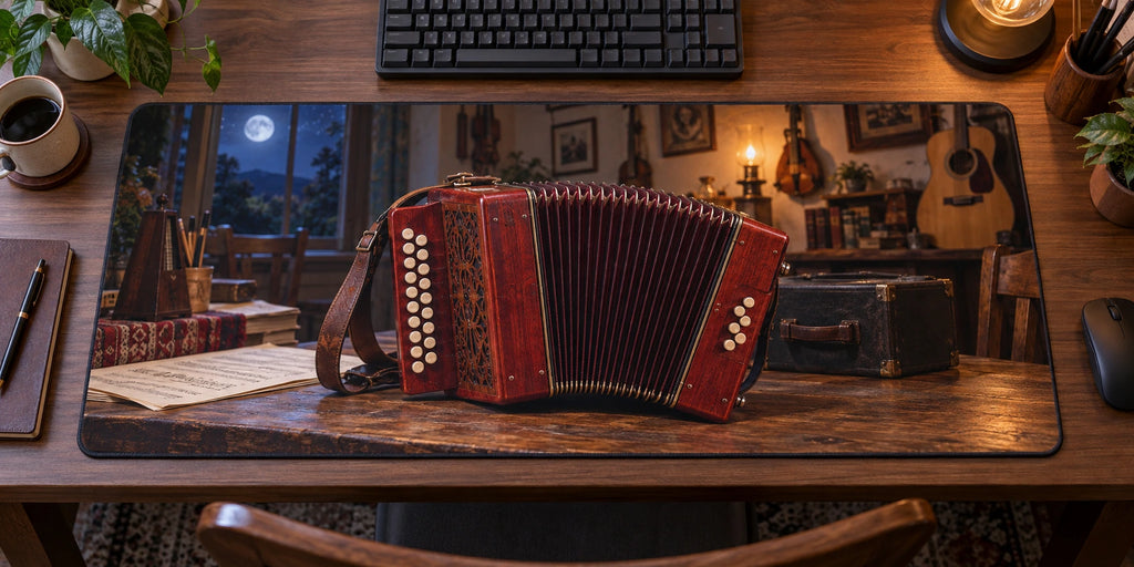 Red button accordion studio scene printed on a flat desk mat.
