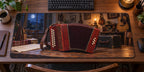 Red button accordion studio scene printed on a flat desk mat.