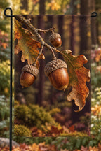 Acorn Woodland Bough Garden Flag with printed textured acorn caps and curled oak leaf depth