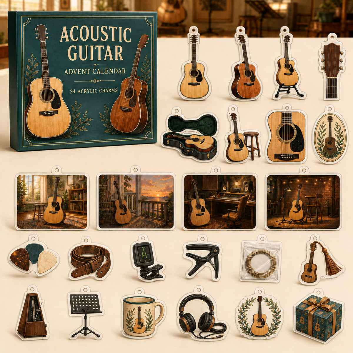 Acoustic Guitar advent calendar box with24 printed acrylic instrument and music-themed charms