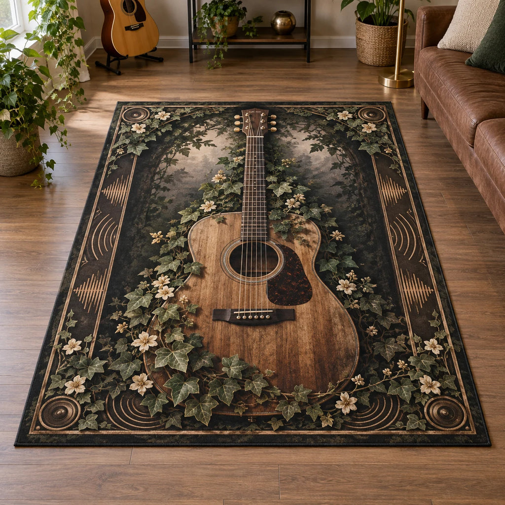 Acoustic Guitar Botanical Music Area Rug with printed 3D depth and a coordinated niche-inspired lifestyle setting.