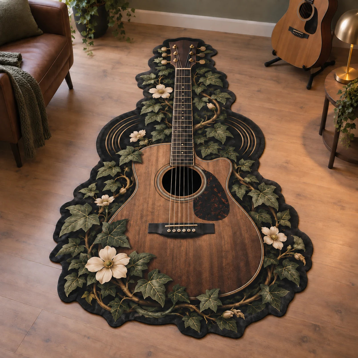 Acoustic Guitar Botanical Music Custom Shape Area Rug with printed 3D depth in a coordinated music corner.