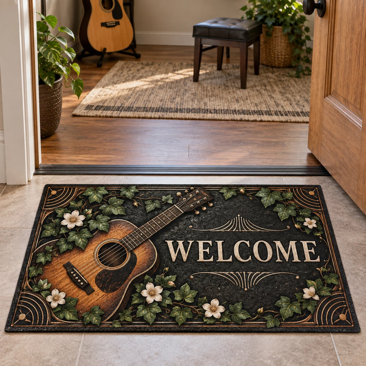 Acoustic Guitar Botanical Music Doormat with printed 3D depth and a coordinated niche-inspired lifestyle setting.