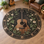 Acoustic Guitar Botanical Music Round Mat Rug with printed 3D depth and a coordinated niche-inspired lifestyle setting.