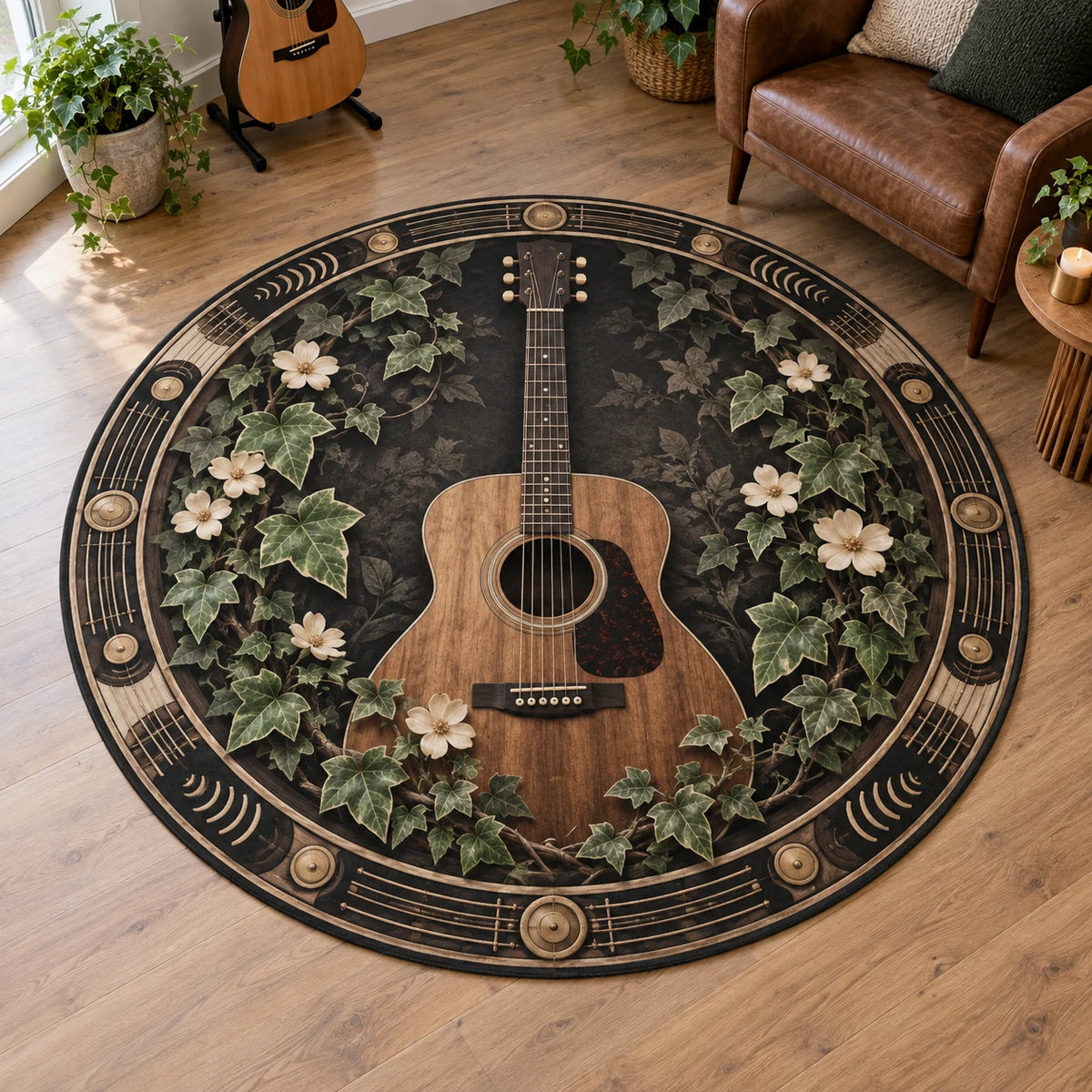 Acoustic Guitar Botanical Music Round Mat Rug with printed 3D depth and a coordinated niche-inspired lifestyle setting.