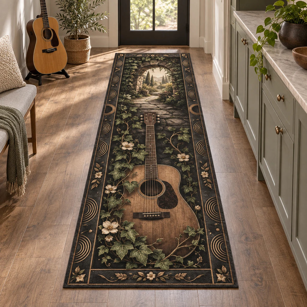 Acoustic Guitar Botanical Music Runner Rug with printed 3D depth and a coordinated niche-inspired lifestyle setting.