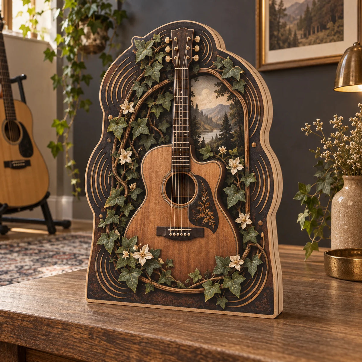Acoustic Guitar Botanical Music Wooden Block 3 Layer with printed 3D depth in a coordinated music corner.