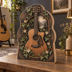 Acoustic Guitar Botanical Music Wooden Block 3 Layer with printed 3D depth in a coordinated music corner.