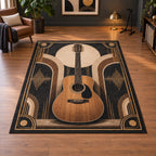 Rectangular area rug featuring a walnut acoustic guitar and cream art-deco arches inside a charcoal and brass-colored printed frame.
