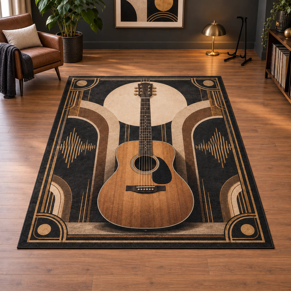 Rectangular area rug featuring a walnut acoustic guitar and cream art-deco arches inside a charcoal and brass-colored printed frame.