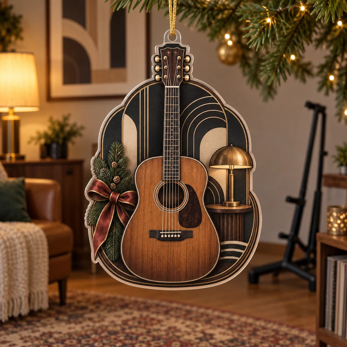 Christmas Ornament with walnut acoustic guitar, charcoal and cream art-deco curves and printed dimensional shading.