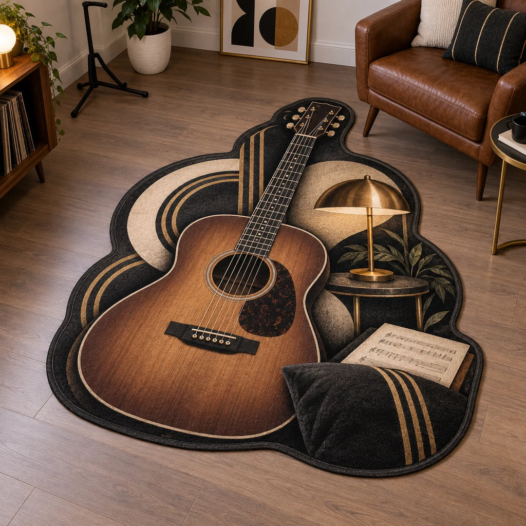 Custom Shape Area Rug with walnut acoustic guitar, charcoal and cream art-deco curves and printed dimensional shading.