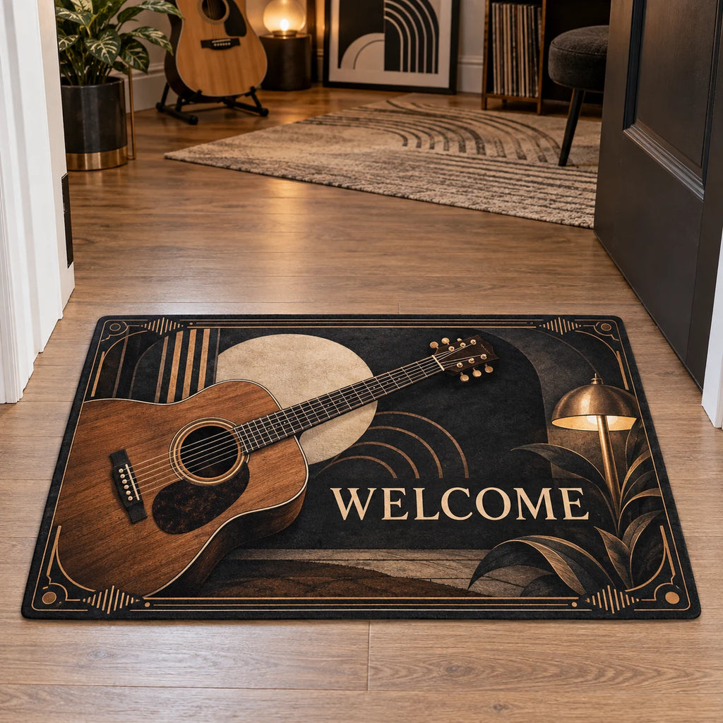 Doormat with walnut acoustic guitar, charcoal and cream art-deco curves and printed dimensional shading.