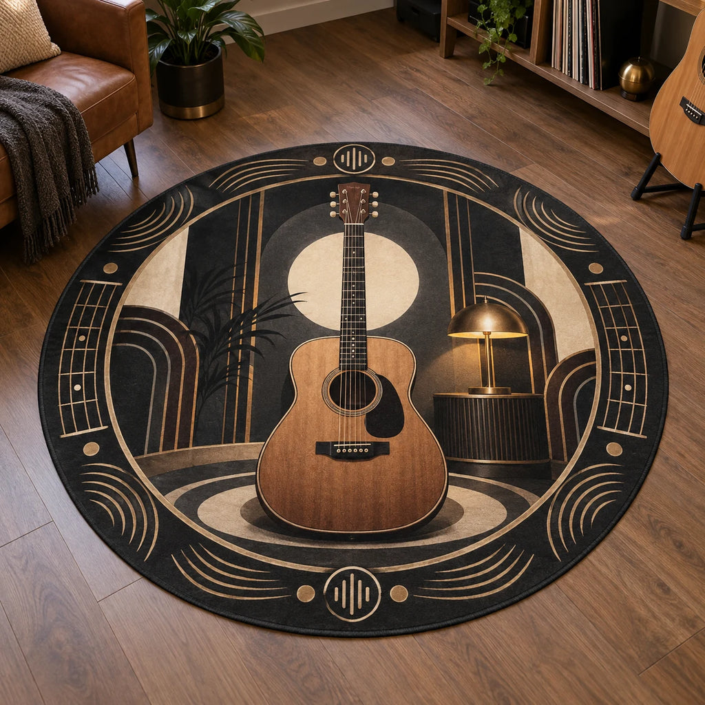 Round Mat Rug with walnut acoustic guitar, charcoal and cream art-deco curves and printed dimensional shading.
