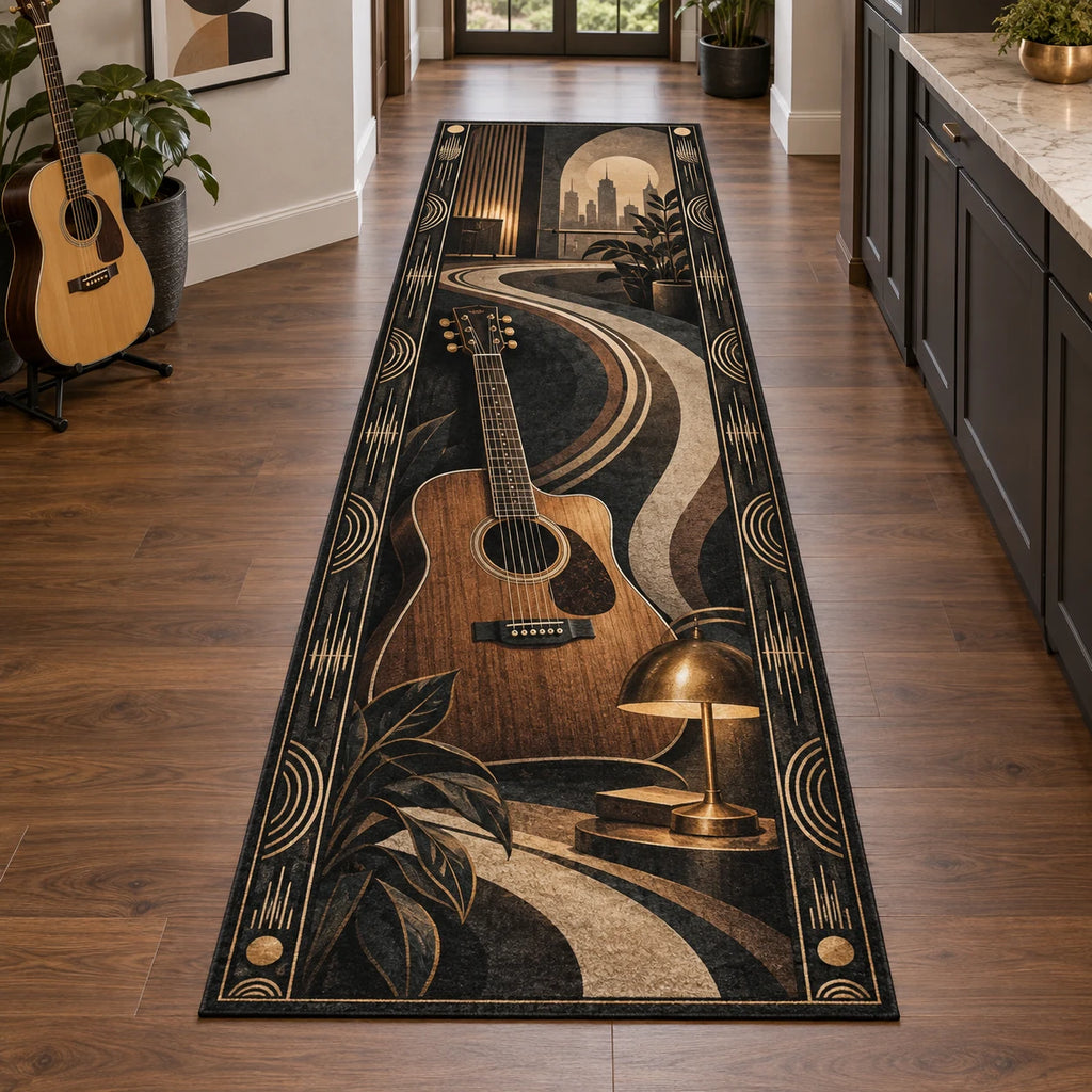 Runner Rug with walnut acoustic guitar, charcoal and cream art-deco curves and printed dimensional shading.