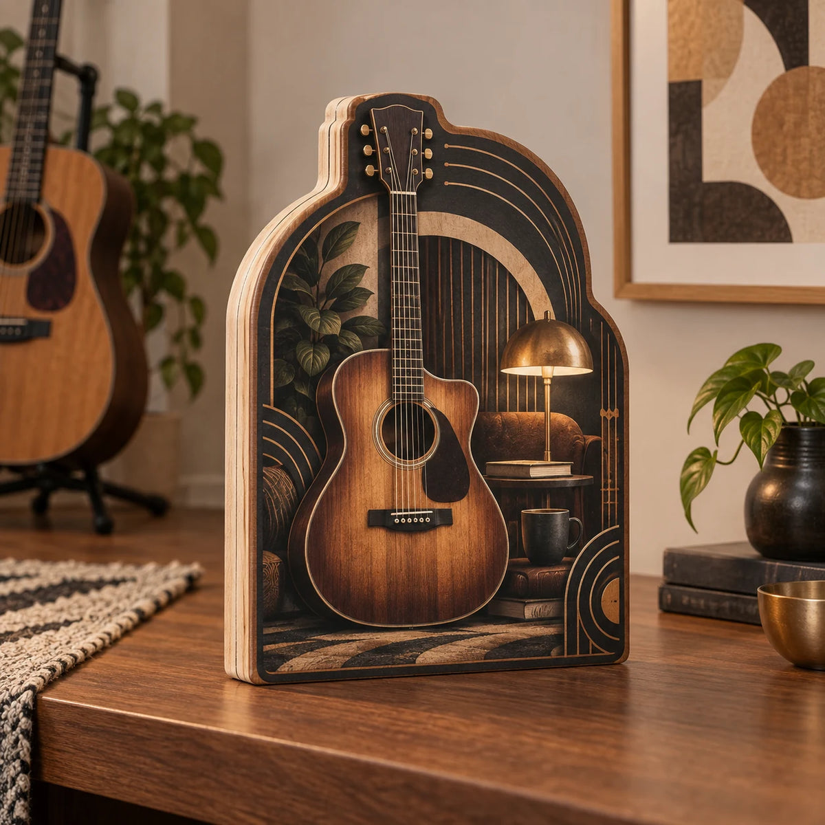 Acoustic Guitar Jazz Corner Wooden Block 3 Layer with detailed printed dimensional shading and a matching niche-inspired border.