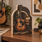 Acoustic Guitar Jazz Corner Wooden Block 3 Layer with detailed printed dimensional shading and a matching niche-inspired border.