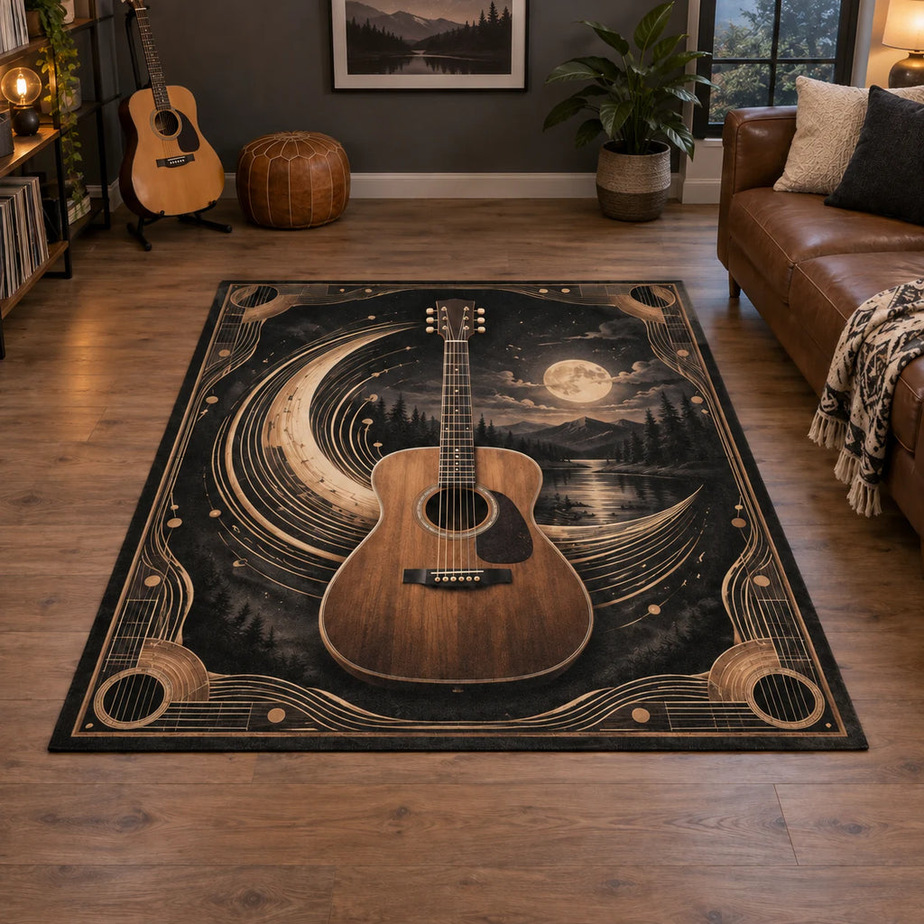 Acoustic Guitar Moonlight Melody Area Rug with an acoustic guitar, moonlike sound waves and a matching music-room setting