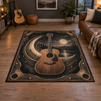 Acoustic Guitar Moonlight Melody Area Rug with an acoustic guitar, moonlike sound waves and a matching music-room setting