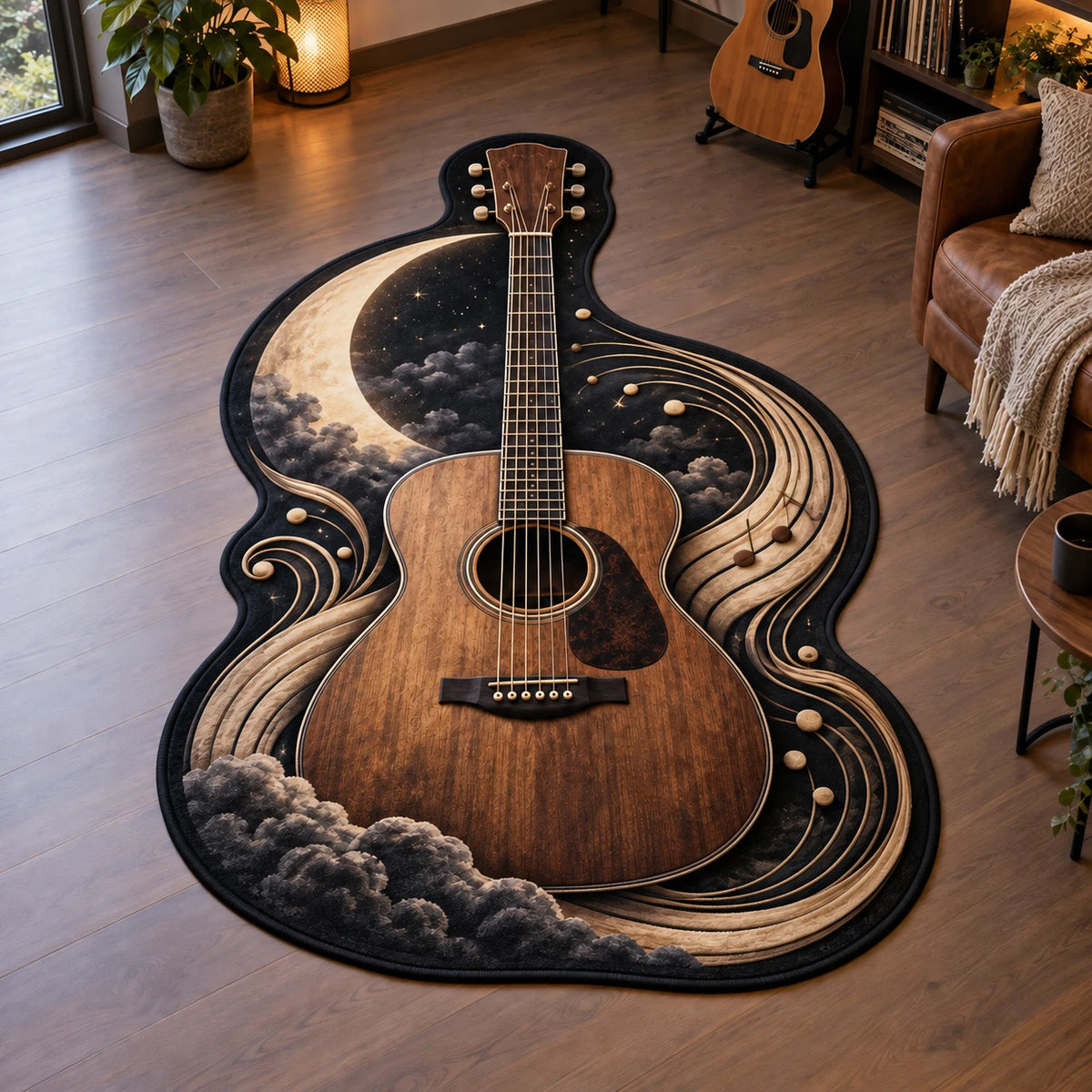 Acoustic Guitar Moonlight Melody Custom Shape Area Rug featuring an acoustic guitar and crescent sound waves in a music-inspired setting