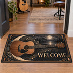 Acoustic Guitar Moonlight Melody Doormat featuring an acoustic guitar and crescent sound waves in a music-inspired setting