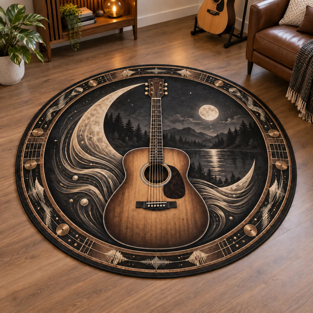 Acoustic Guitar Moonlight Melody Round Mat Rug with an acoustic guitar, moonlike sound waves and a matching music-room setting