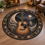 Acoustic Guitar Moonlight Melody Round Mat Rug with an acoustic guitar, moonlike sound waves and a matching music-room setting