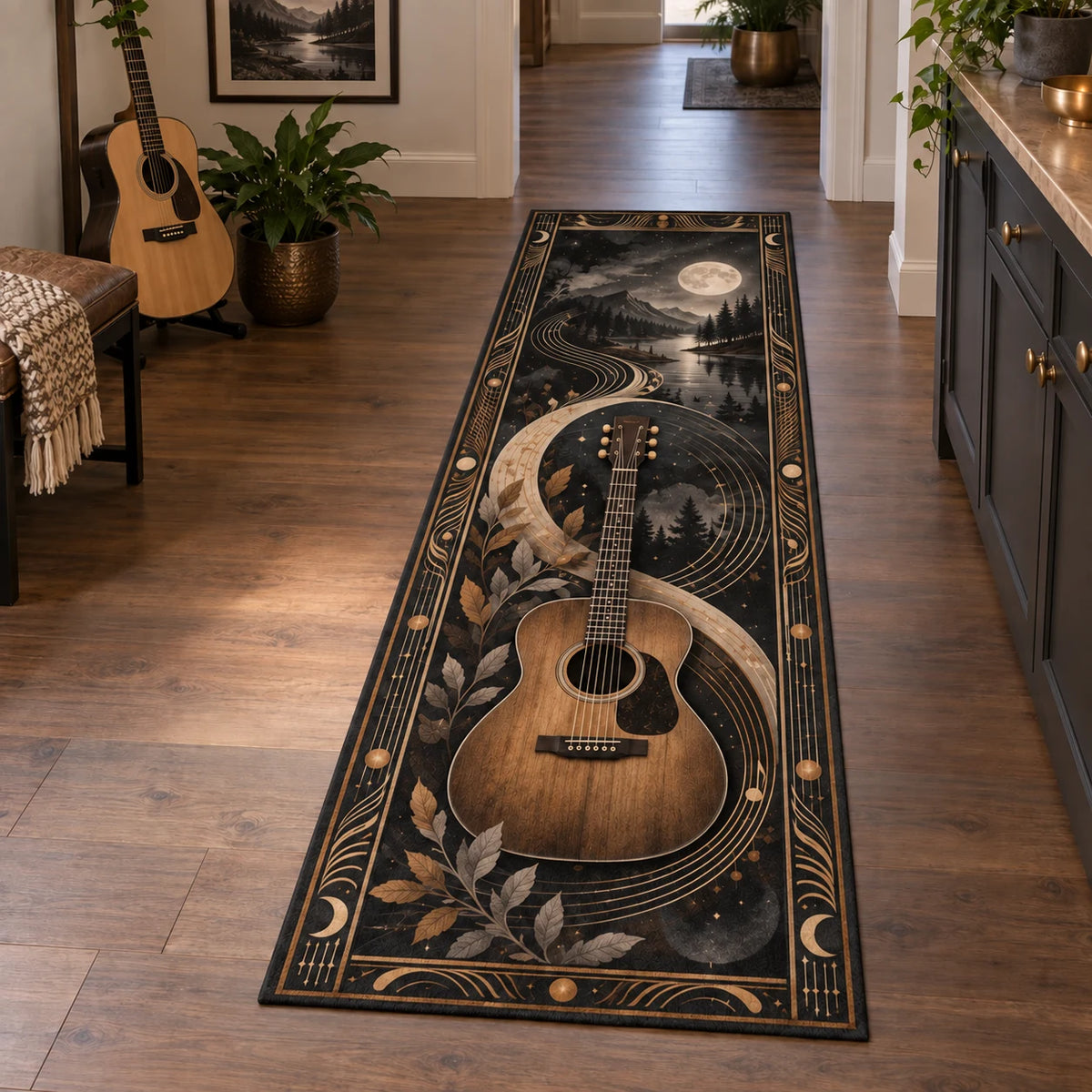 Acoustic Guitar Moonlight Melody Runner Rug with an acoustic guitar, moonlike sound waves and a matching music-room setting