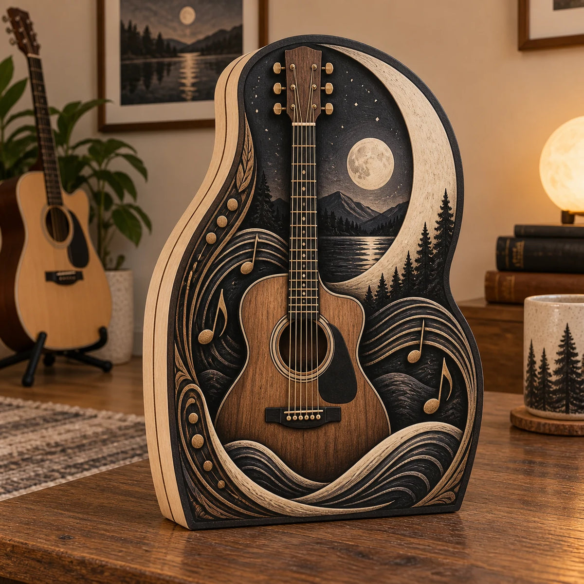 Acoustic Guitar Moonlight Melody Wooden Block 3 Layer featuring an acoustic guitar and crescent sound waves in a music-inspired setting