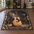 Acoustic Guitar Practice Room Area Rug with dimensional printed artwork in a coordinated indoor setting