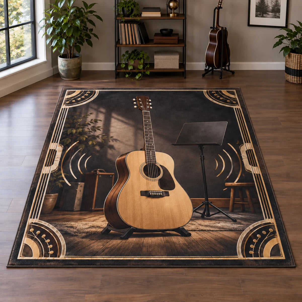 Acoustic Guitar Practice Room Area Rug with dimensional printed artwork in a coordinated indoor setting