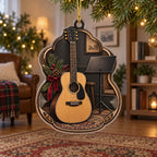 Acoustic Guitar Christmas Ornament with dimensional printed artwork in a coordinated indoor setting