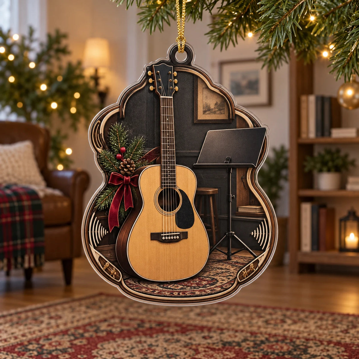 Acoustic Guitar Christmas Ornament with dimensional printed artwork in a coordinated indoor setting