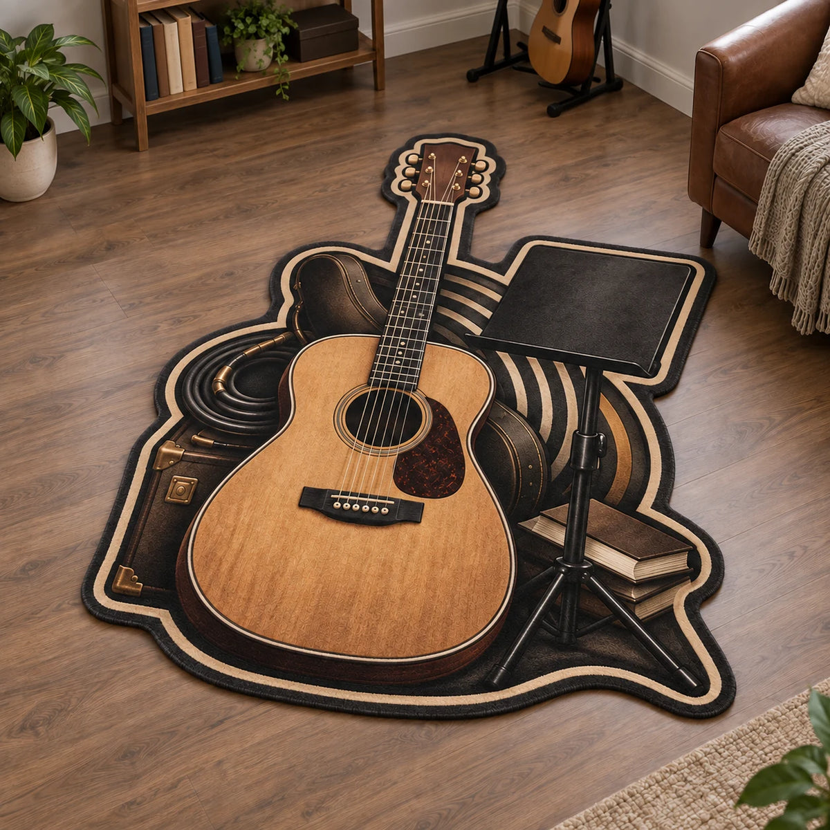 Acoustic Guitar Custom Shape Area Rug with dimensional printed artwork in a coordinated indoor setting