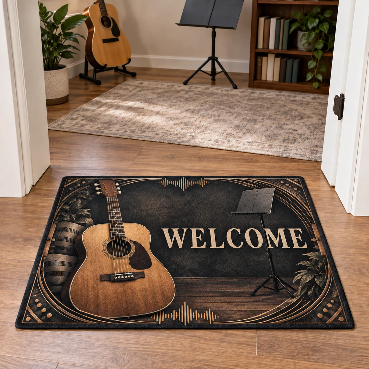 Acoustic Guitar Welcome Doormat with dimensional printed artwork in a coordinated indoor setting