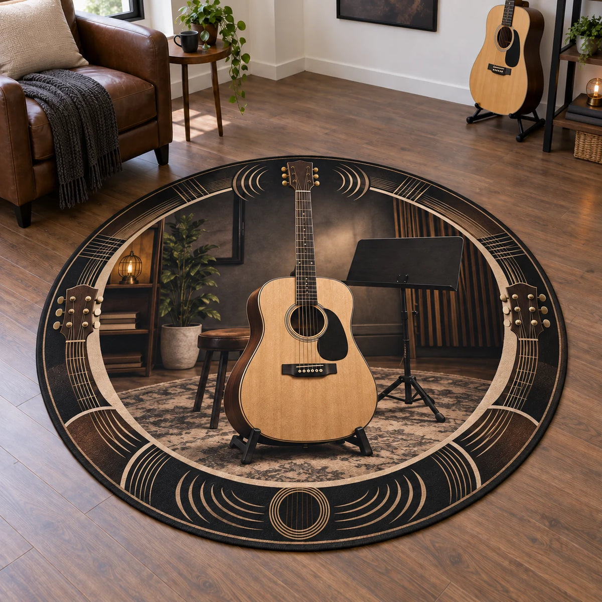 Acoustic Guitar Round Mat Rug with dimensional printed artwork in a coordinated indoor setting