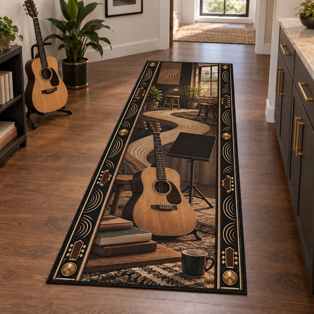 Acoustic Guitar Practice Room Runner Rug with dimensional printed artwork in a coordinated indoor setting