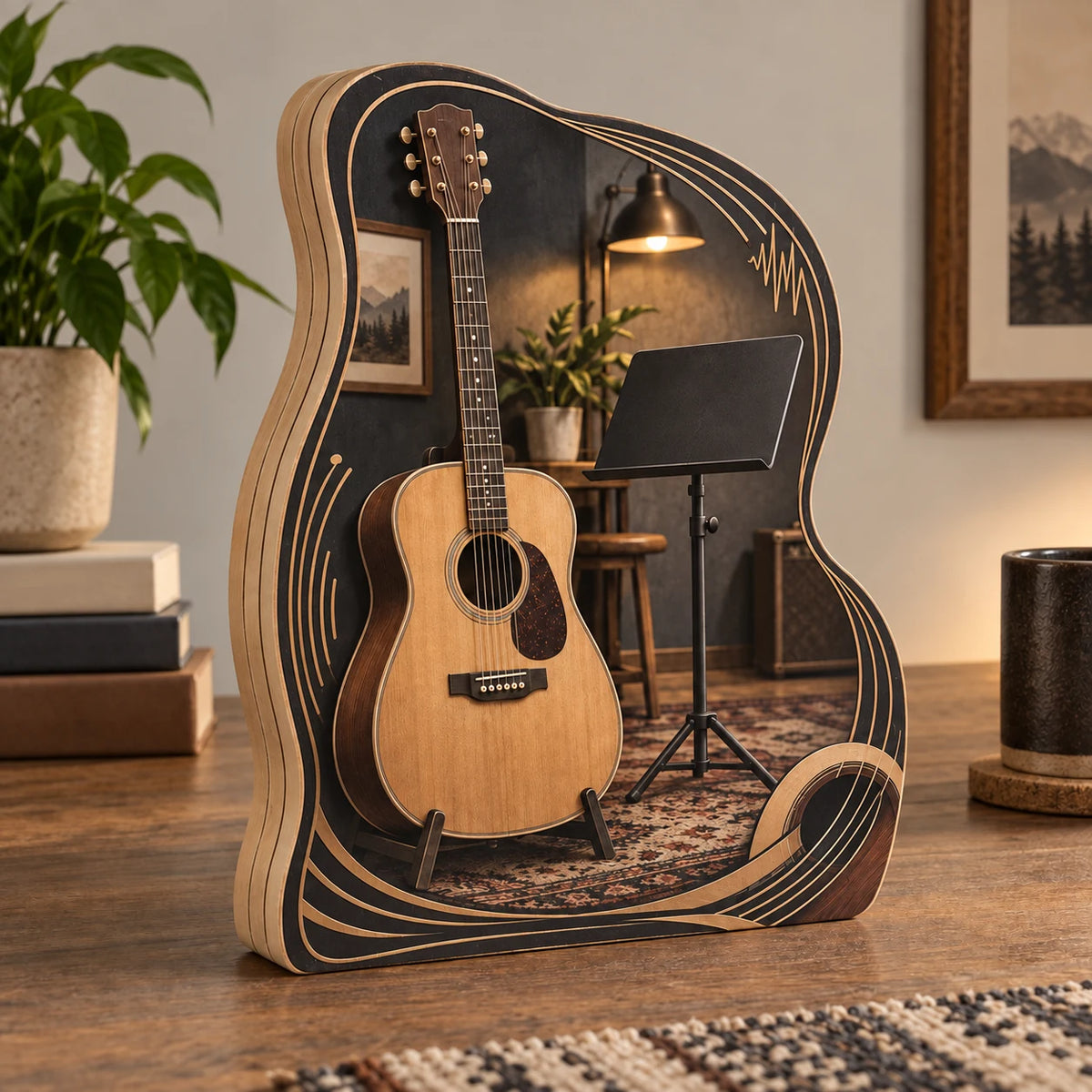 Acoustic Guitar Wooden Block 3 Layer with dimensional printed artwork in a coordinated indoor setting