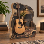 Acoustic Guitar Wooden Block 3 Layer with dimensional printed artwork in a coordinated indoor setting