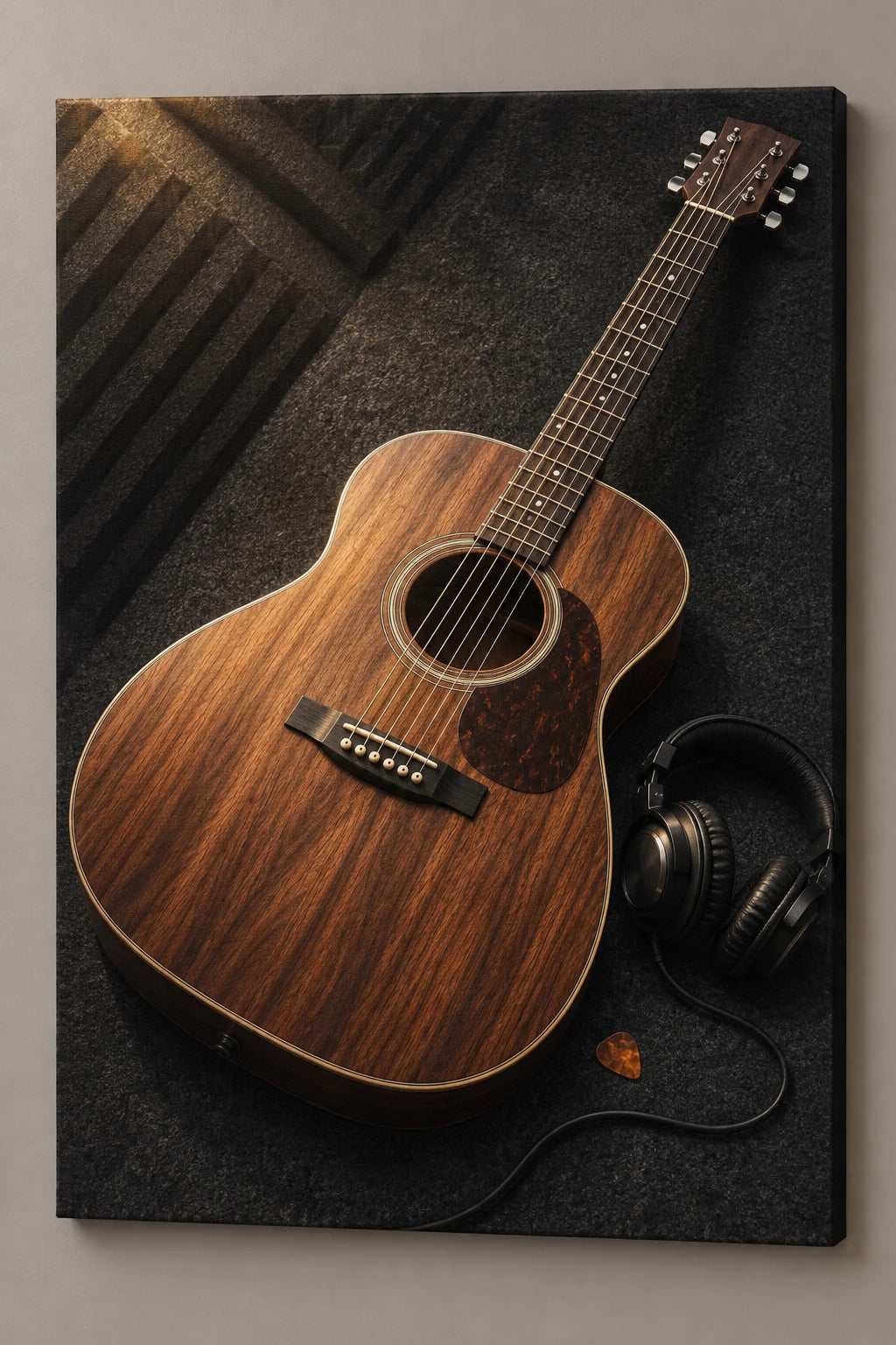 Acoustic Guitar Studio Stretched Canvas Wall Art with flat printed diagonal guitar and studio shadow depth